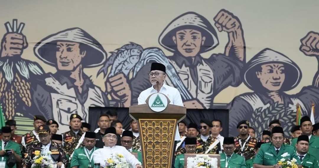 Menko Ketahanan Pangan, Zulkifli Hasan memberi sambutan dalam Harlah ke-91 PP GP Ansor di Gor Satria Purwokerto, Kamis (24/4/2025). Photo by @gp.ansor